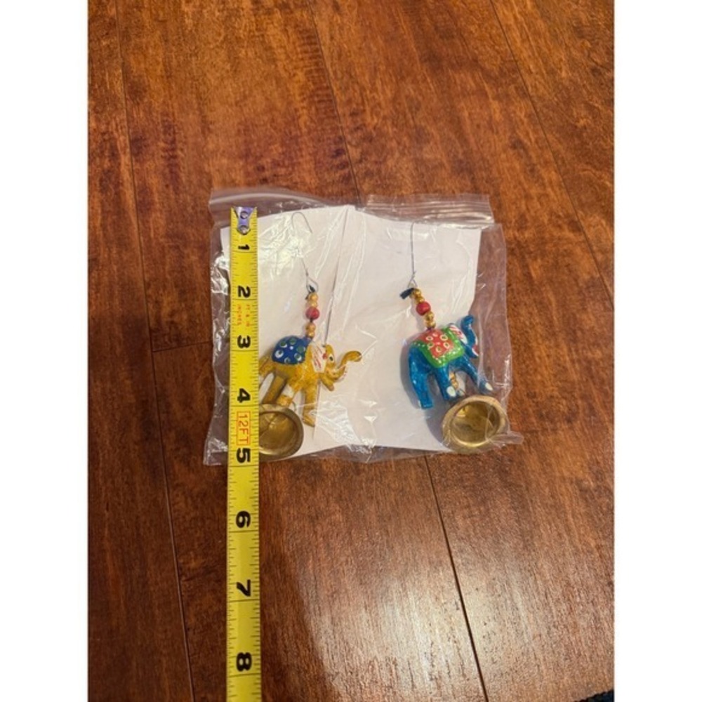 VINTAGE Handmade Elephant Bell Charms Ornaments Decor Set‎ Blue Yellow